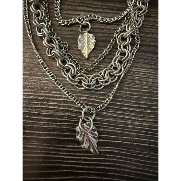 Silver-Tone Multi-Layer Chain Links & Textured Leaf Charms Statement Necklace - Picture 6 of 6